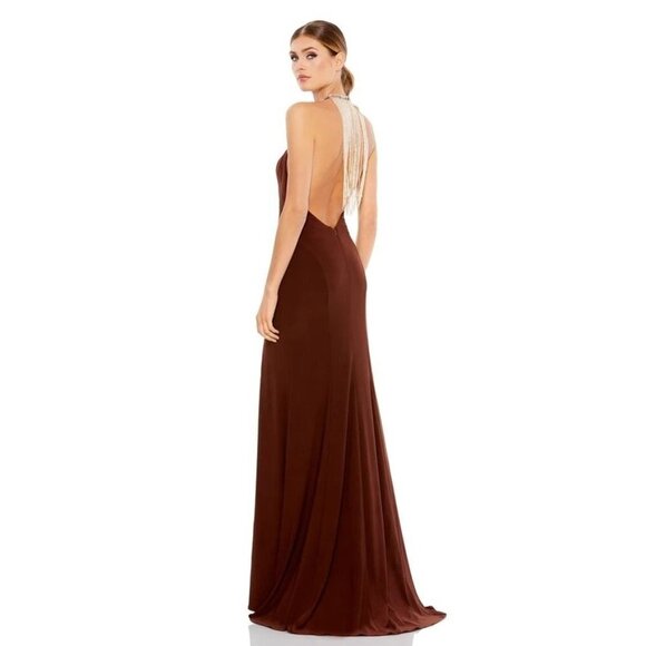 Mac Duggal IEENA 26518 Beaded Halter Neck Trumpet Gown Dress Chocolate Size 8 - Picture 3 of 10